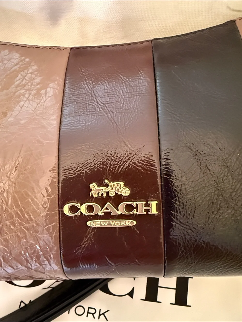 🖤🤎Coach NEW Caitlin Stripe-Crinkle Cut Leather Bag in Brown/Black Gold Hardware